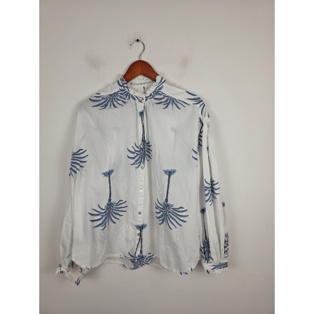 Alix of Bohemia White Blue Palm Tree Cotton Ruffle Neck Balloon Sleeve Blouse L